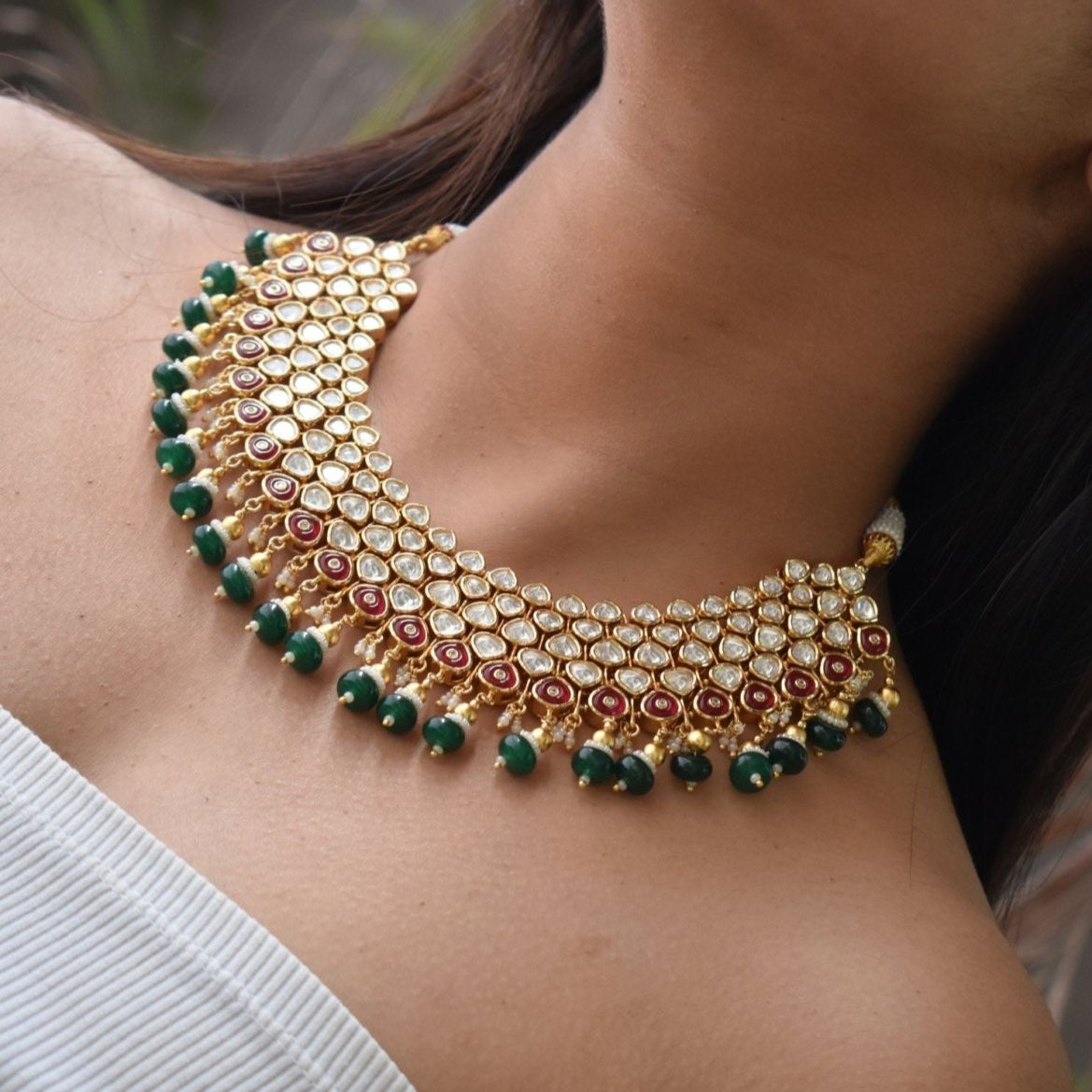 Vilandi Kundan Polki Necklace with lovely earrings - Next to real gold look - MR Jewels